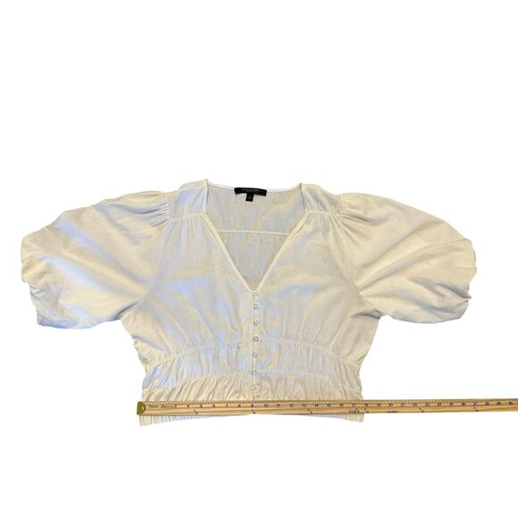 Marc New York White Linen Blend Cropped Ruched Top Balloon Sleeve Blouse Size L - Picture 5 of 7